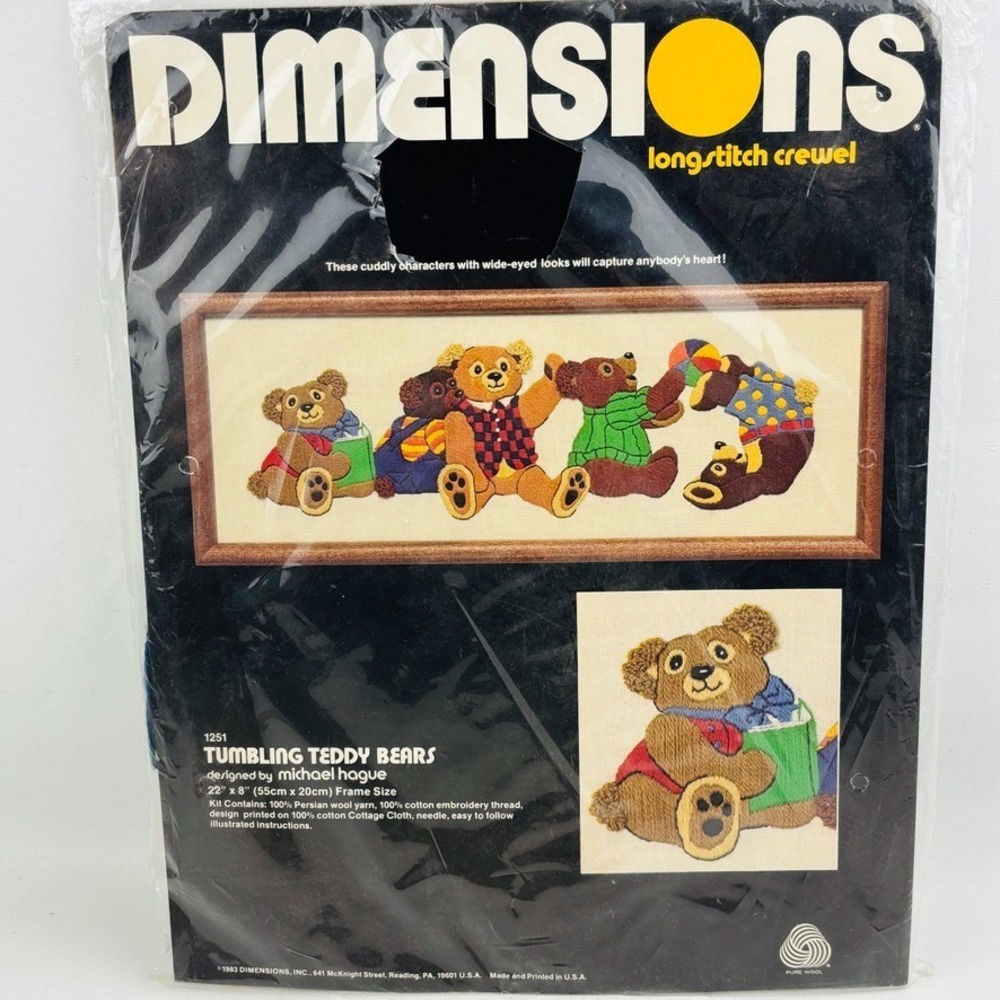 Dimensions Tumbling Teddy Bears Long Stitch Crewel Embroidery Kit‎ 1251 Vintage